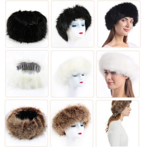 Pelzmütze Damen Russische Fellmütze, Warm Pelzmütze Cossack Russische Mütze Wintermütze Faux Fuchs Fell Stirnband Pelz Damen Winter Plüschmütze Kunstfell Cossack Mütze Blau Schwarz Grau Pink Beige