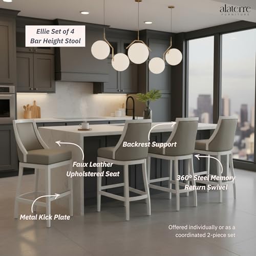 Image of Ellie Bar Height Stool Set of 4 with Backrest - Modern Kitchen & Home Bar Seating with Upholstered Seats, Rubberwood Frames, 360 Memory Return Swivel & Metal Kick Plate by Alaterre Furniture (White)