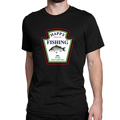 T-Shirt Happy Fishing Noir Small en coton respirant pour pêcheur