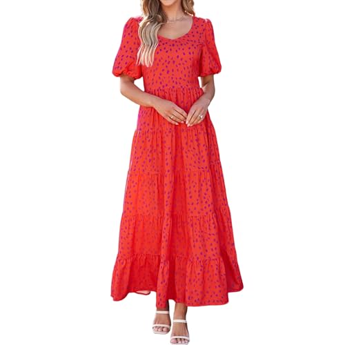 Dresses for Women Sundress Puff Short Sleeve Crewneck Dress Boho Floral Sundress Beach Vacation Dresses Summer 20252