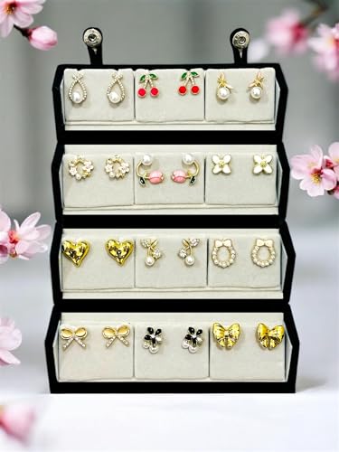 Image of Gold Plated Korean Stud Earrings Set of 12 with Folding Jewelry Box | Western & Modern Earring Gift Box for Women & Girls.