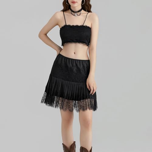 Women Lace Skirt Ruffle Mini Skirt Half Slip Layered Pleated Flowy Skirt - Image 6