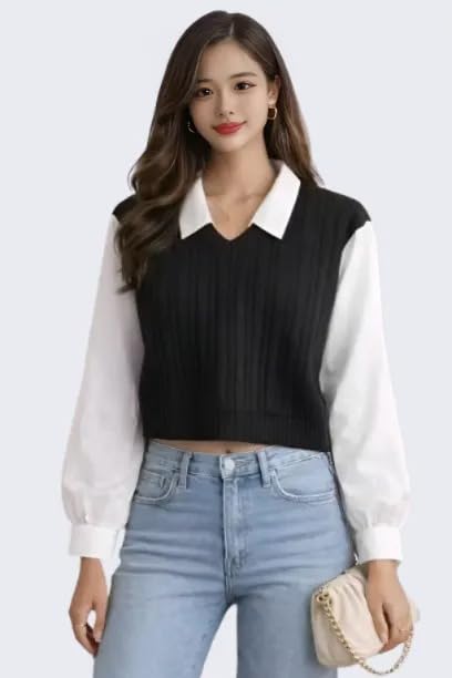 Image of Regular Fit Collared Knit Top for Women, Long Sleeve Casual T-Shirt, Black and White, Rib-Knit Material, Korean Trendy Style