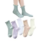 Taous Assam Girls Crew Socks Seamless Cotton Ruffles Ankle Socks Kids School Socks Dress Socks 5 Pairs Size 5-8T