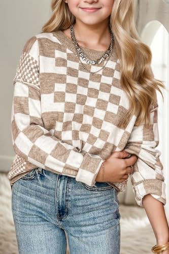 SELINK Girls Long Sleeve Sweaters Checkered Print Drop Shoulder Round Neck Sweater Casual Daily Winter Pullover Sweater2