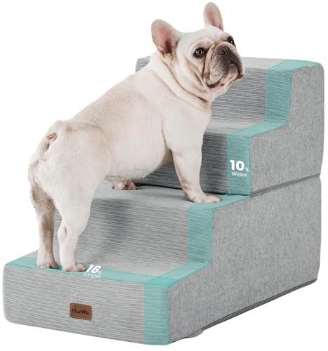 Made4Pets Dog Steps for Bed, Extra Wide Dog Stairs for High Bed Couch Sofa, 35D Foam Pet Steps for Small Dogs and Cats(Up to 40lbs), Non-Slip Bottom Pet Stairs, Light Grey, 4 Steps