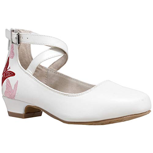 SOBEYO Girl's Dress Pumps Shoes Embroidered Mary-Jane Heel Block Shoes Elastic Strap/w Buckle Leather Insole Lining
