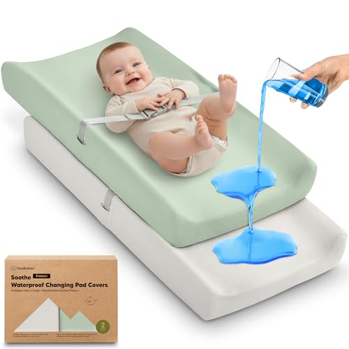 Image of 2-Pack Waterproof Changing Pad Covers Boy, Girl - 32x16 Soft Cotton Baby Changing Table Cover, Wipeable Diaper Change Pad Sheets, Contour Baby Diaper Change Mat Liner for Dresser, Nursery (Sage)