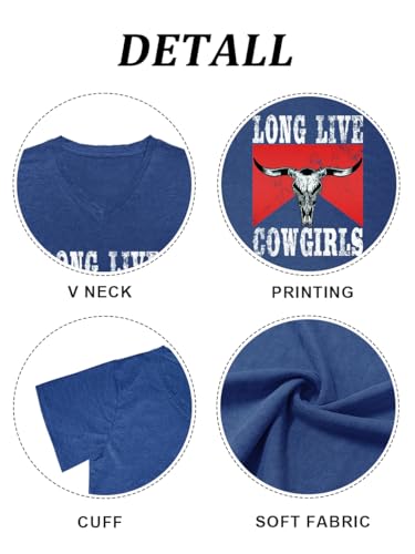 Women Long Live Cowgirls Shirt Vintage V Neck Cow Skull Graphic Tees(Blue,XXL) — view 5