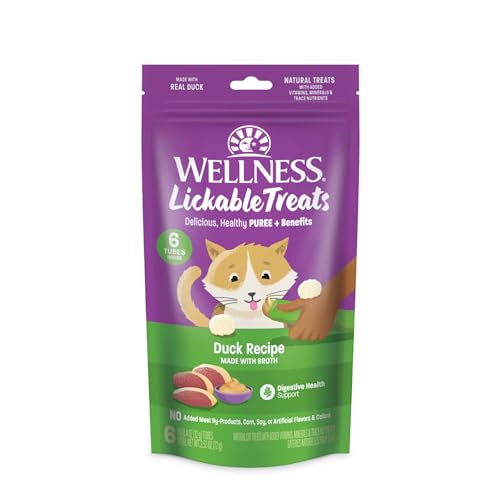 Wellness Lickable Soft Puree Cat Treats All Lifestages Kitten to Senior Natural Grain Free Duck Flavor 0.4 oz Pack of 6 Tubes