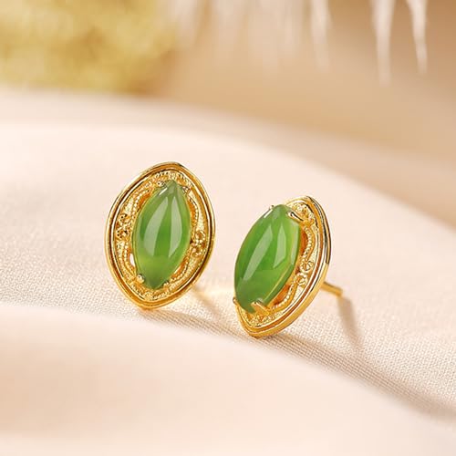 Boucles d'oreilles jade Hetian vert argent sterling femme bijoux œil de cheval fins dorés - 2