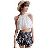 [Teddy] 水着 レディース ハイネック ビキニ 体型カバー スカート 2点セット レース 無地 モノトーン バックシャン 白 hys1723 (K：ホワイト×グリーンフラワー, L(9号))