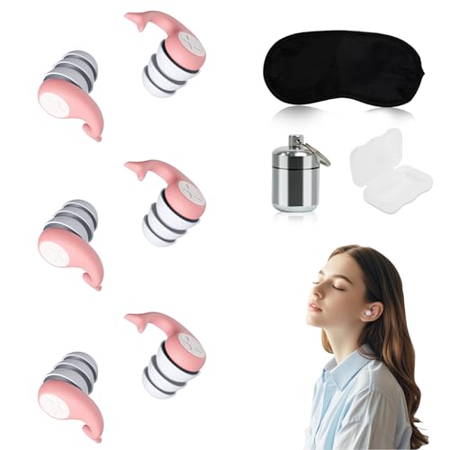 Robofun 3 Paar Ohrstöpsel Zum Schlafen, Silikon Ohrenstöpsel, Gehörschutzstöpsel Mit Aluminiumbehälter, Schutzbox Und Augenmaske, Reduktion 45dB Für Schlaf, Konzentration, Reisen, Konzerte (Rosa)