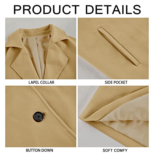 Womens Notched Lapel Coat Classic Single Breasted Pea Coat Winter Wool Blend Long Trench Overcoat Outwear Khaki #TOP3