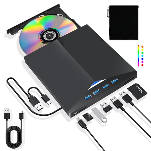Lychee Externo USB 3.0 Tipo-C portátil CD-DVD Drive, con puertos USB SD/TF ranuras para tarjetas multifunción externa unidad óptica compatible con ordenador portátil Mac PC de escritorio Windows