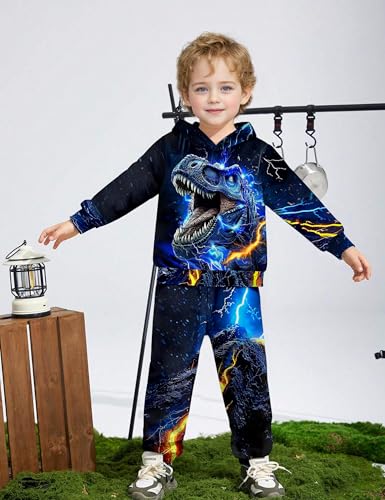 Image of Boys Clothes, T-Rex Print Dinosaur Boy Clothes Fall Winter Outfits Long-sleeved Hooded Sweatshirt Pants 2Pcs Set