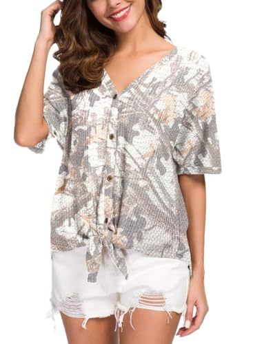 IWOLLENCE Women's Camo Printed Waffle Knit Short Sleeve Shirts V Neck Button Down Tie Knot Blouse Loose Batwing Tops Summer - Thumbnail 2