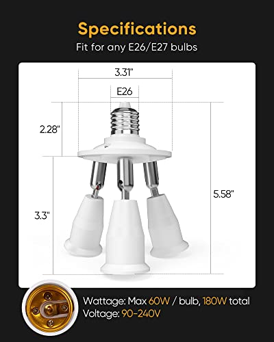 JACKYLED 3 in 1 E26 Light Socket Splitter Adapter Converter for Standard LED Bulbs 360 Degree Adjustable 180 Degree Bendable Max Watt 180w