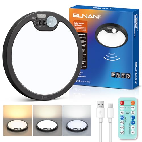 Rechargeable Motion Sensor Light Indoor, Cordless Battery Operated Ceiling Light with Remote, 7000mAh Magnetic Mount LED Shower Light for Closet Pantry Shed Stair Hallway, Black