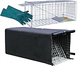 Live Animal Trap Cage with Cover & Gloves, Cat Trap for Stray Cats 32 Inch Heavy Duty Folding Skunk Traps with Real Door for Raccoons, Opossums, Skunks, Feral Cats, Squirrels-(32 x 10 x 12 inches)