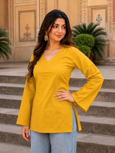 Image of Women's Cotton Short Kurti Black Solid Plain V Neck Full Bell Sleeve Casual Stylish Short Kurta for Women for Jeans Daily Girl Top