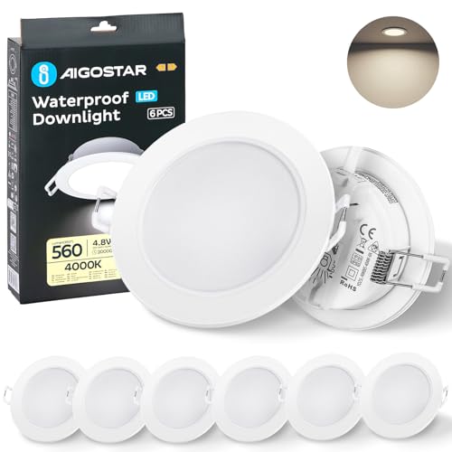 Aigostar LED Downlights for Ceiling 4.8W 560LM, Ultra Slim LED Recessed Ceiling Spot Lights 4000K Neutral White IP65 Waterproof Spotlights Ceiling Lights for Bathroom Kitchen Hallway, 6 Pack