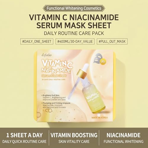 Image of esfolio Made in Korea Niacinamide 30 Sheets Pure Skin Facial Mask - Niacinamide with Black Bean Essence Hydrating Face Mask for Smooth, Soft, Firm, and Supple Looking Skin - Korean Daily Sheet Mask