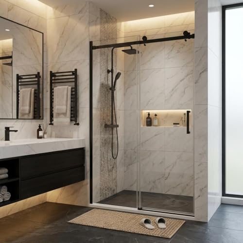 Image of 56-60 inch W x 76 inch H Frameless Sliding Shower Door, 1 /4 inch (6mm) Tempered Glass with Explosion-Proof Film, Matte Black Bypass Shower Door with Seal Strips