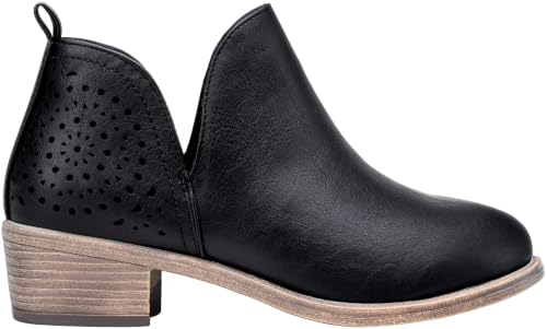 Image of Vepose Women's Short Ankle Boots, Low Heel Round Toe Western Booties | Comfortable western-inspired booties, memory foam cushioning, buckle side zip or perforated slip-on design options