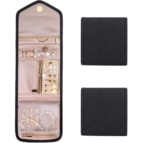 2 Pcs Travel Jewelry Organizer Bags, Foldable Jewelry Roll Bag with Multiple Pockets - Small Jewelry Pouch for Earrings, Rings, Necklaces - Lightweight & Portable Storage Bag for Women & Men (Black)