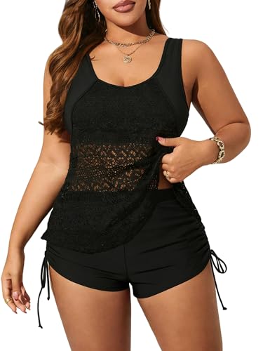 ZAFUL Womens Plus Size Swimsuits Crochet Tankini Sets with Drawstring