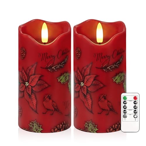 Image of Christmas Flameless Candles Set of 2, Poinsettia Candle with Remote & Timer