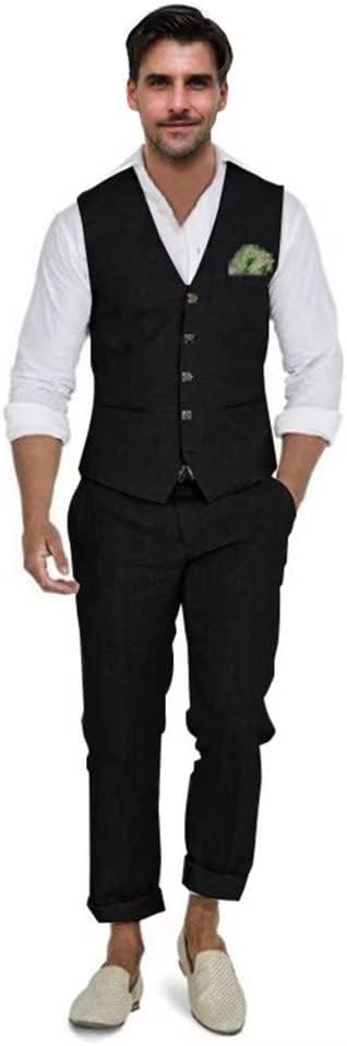 Men's Linen Suits 2 Piece Slim Fit Suit Prom Beach Wedding Groomsman Vest Pants Set Casual Summer Linen Outfit