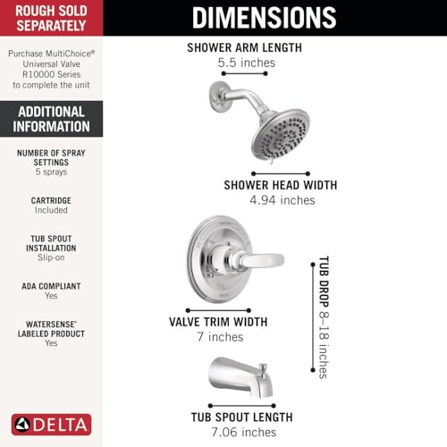 Delta Foundations 13 Series 5-Setting Bathtub and Shower Faucet Set, Chrome Shower Head and Handle Set, Valve Trim Kit, Chrome BT13411 (Valve Not Included) by DELTA - Used condition - Image 3