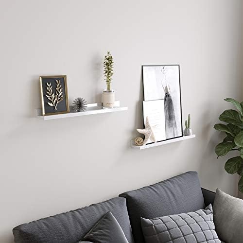 SONGMICS Floating Shelves Set of 2, Wall Shelves ledge with High Gloss Finish, 60 x 10 cm, for Picture Frames and Books, Living Room, Hallway, Bedroom, Bathroom, Kitchen, Office, White LWS60WT