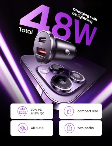 Image of LISEN USB C Car Charger Adapter [2 Pack] [Mini & Metal] Cigarette Lighter USB Charger Fast Charging [PD QC 3.0] USBC Car Phone Charger for iPhone 15 Pro Max Plus 14 Samsung Galaxy S23 iPad Pro, Purple | Cigarette Lighter Charger, USB C Car Charger Fast Charger, 12V Adapter, Car Accessories for Men Women with iPhone 17 Pro Max