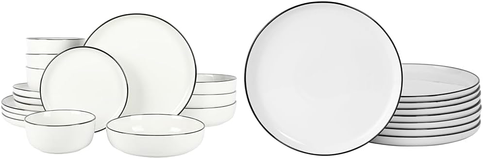 Gibson Home Oslo Juego de vajilla de porcelana de 16 piezas, blanco con borde negro, servicio para 4 (16 piezas) y juego de platos de porcelana Oslo de 8 piezas resistente a los arañazos y a los arañazos, blanco con borde negro