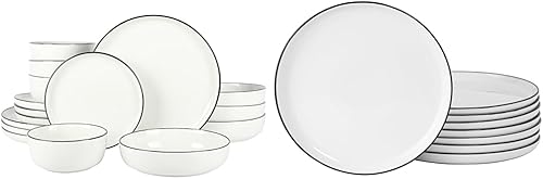 Gibson Home Oslo - Juego de vajilla de porcelana de 16 piezas, color blanco con borde negro, servicio para 4 (16 piezas) y Oslo - Juego de platos de
