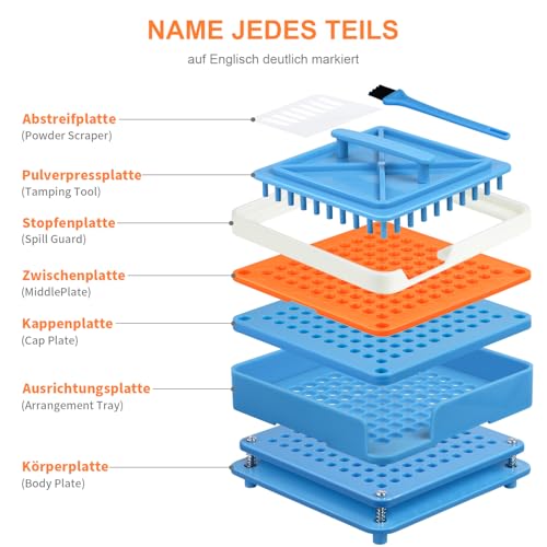 Kapselfüller 00 | Manuelles Kapsel-Füllwerkzeug mit 100 Löchern | Kapselhalter für Gelatine/Kräuter/Vitamine | Selbstfüller für Leere Kapseln (Blau)