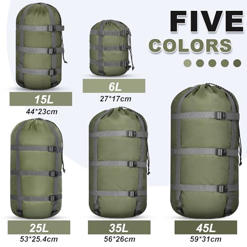 SilTriangle 5 Pack Compression Stuff Sack 5 Assorted Size Sleeping Bag Stuff Sack Ultralight Sleeping Bag Cover Space Saving Gear for Travel Outdoor Camping Hiking Backpacking(Army Green,Small)