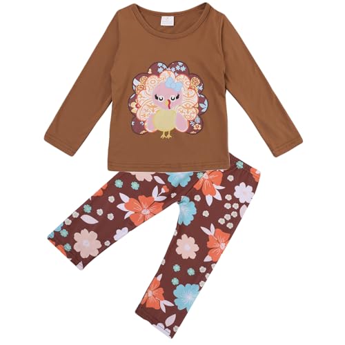 Image of Thanksgiving Toddler Girls Turkey Outfits Set Ruffle T-Shirt Dress and Pants Outfit Set 3-8Years