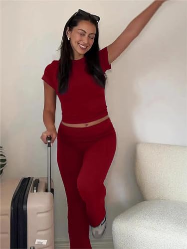 Image of AYWA Women's 2 Piece Lounge Sets Short Sleeve Crop Top Foldover Flare Pants Casual Pajama Outfits