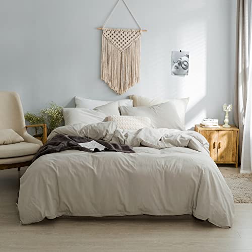 Vm Vougemarket Duvet Cover Set Queen,Washed Cotton Solid Color Bedding Set,Lightweight Luxury Comfy Comforter Cover With Zipper And Ties-90X90,Griege #TOP1