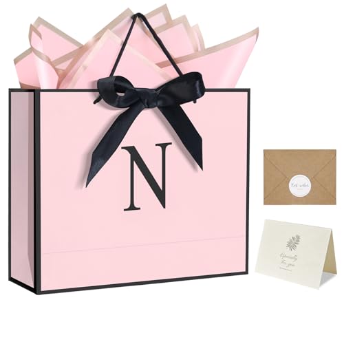 QLSKO Personalized Initial Paper Bag for Women Grils,Monogrammed Gift Bag with Bow...