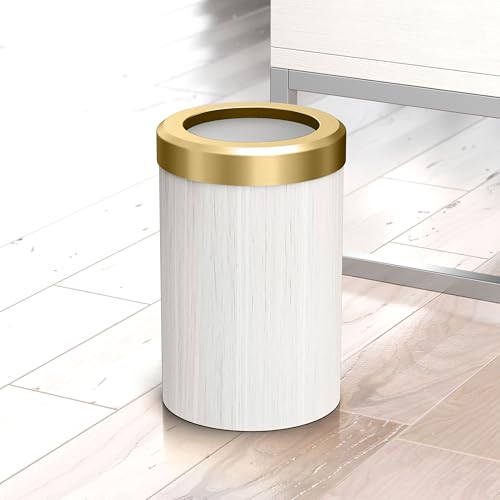 Image of Gatco Small Bathroom Trash Can with Lid, Round 3 Gallon Wastebasket, Under Sink, White Oak with Brushed Brass, for Bathroom, Bedroom, Office (1932B)