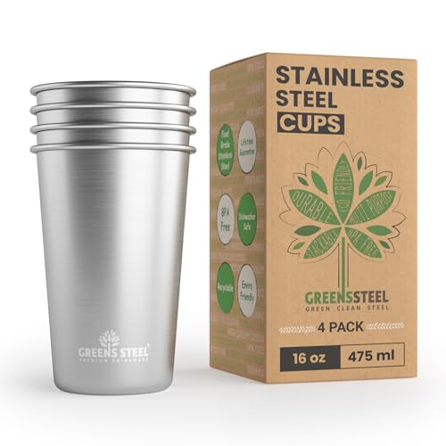 Greens Steel #1 Premium Stainless Steel Cup, 16 oz Pint Cups (4 Pack) Premium Metal Cups - Stackable Durable Cup