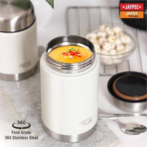Image of Jaypee Plus Nutri Jar Stainless Steel Vacuum Insulated Food Jar With Bag & Spoon|Hot And Cold Thermal Flask|Double Walled Scratch Resistant Ideal for Office, School, Gym & Travelling | 550 ml, Ivory