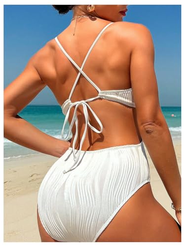 WDIRARA Women's Textured Deep V Neck One Piece Swimsuit Criss Cross Tie Backless Swimwear3