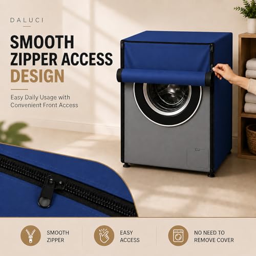 Image of DALUCI Washing Machine Cover Front Load for 6 Kg, 6.5 Kg, 7 Kg & 7.5 Kg Fully Automatic Machines | Waterproof Dustproof Polyester Protective Cover with Zipper (Blue, 59X59X86 CM)