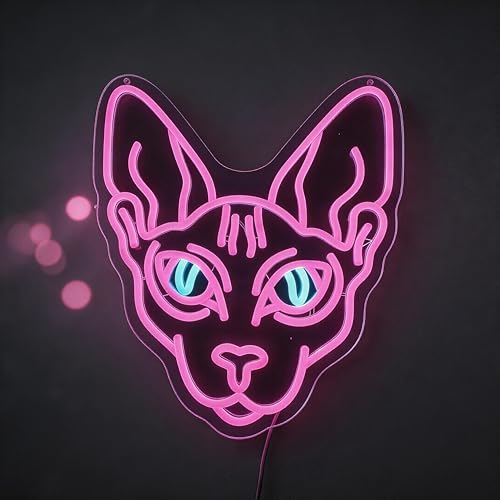 Image of Sphynx Cat Neon Sign - 14.1 inch x 12.6 inch Purple & Pink LED Wall Art, Cyberpunk Hairless Cat Light for Gamer Room, Anime Fan Decor, Manga Style Night Light